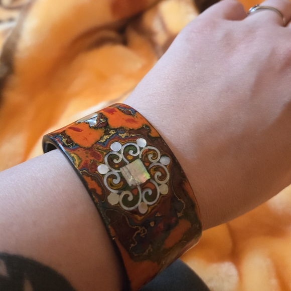 Vintage Jewelry - ❤️ Vibrant Artisan Enamel Cuff Bracelet w/ Mother-of-Pearl Inlay – Boho Statemen